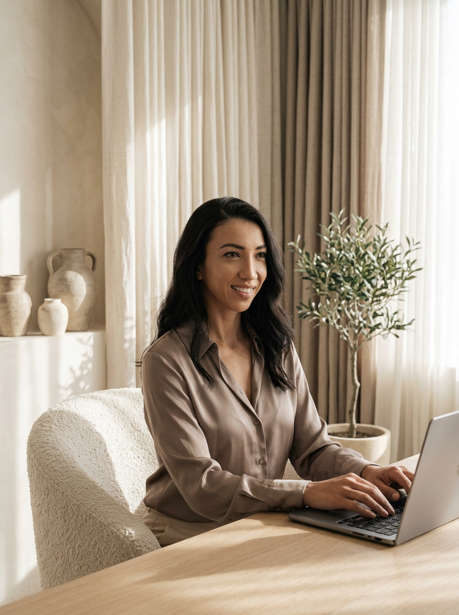 Anastasia Tavare working on a laptop in a warm, minimally designed office