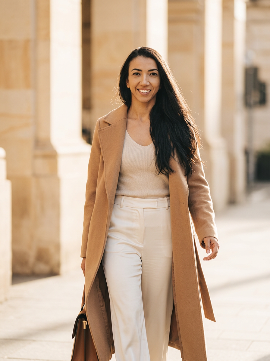 Anastasia Tavare walking outdoors in a camel coat during golden hour
