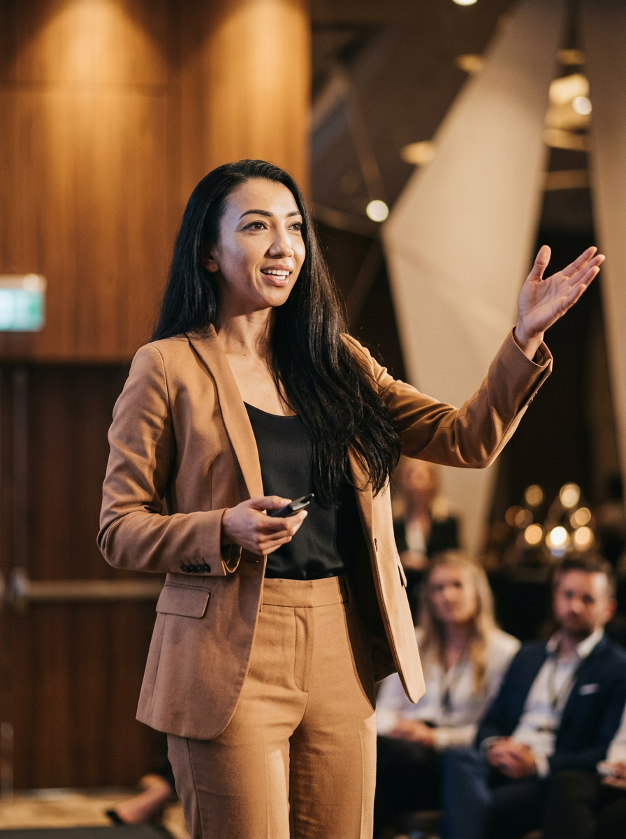 Anastasia Tavare speaking on stage to an audience of founders