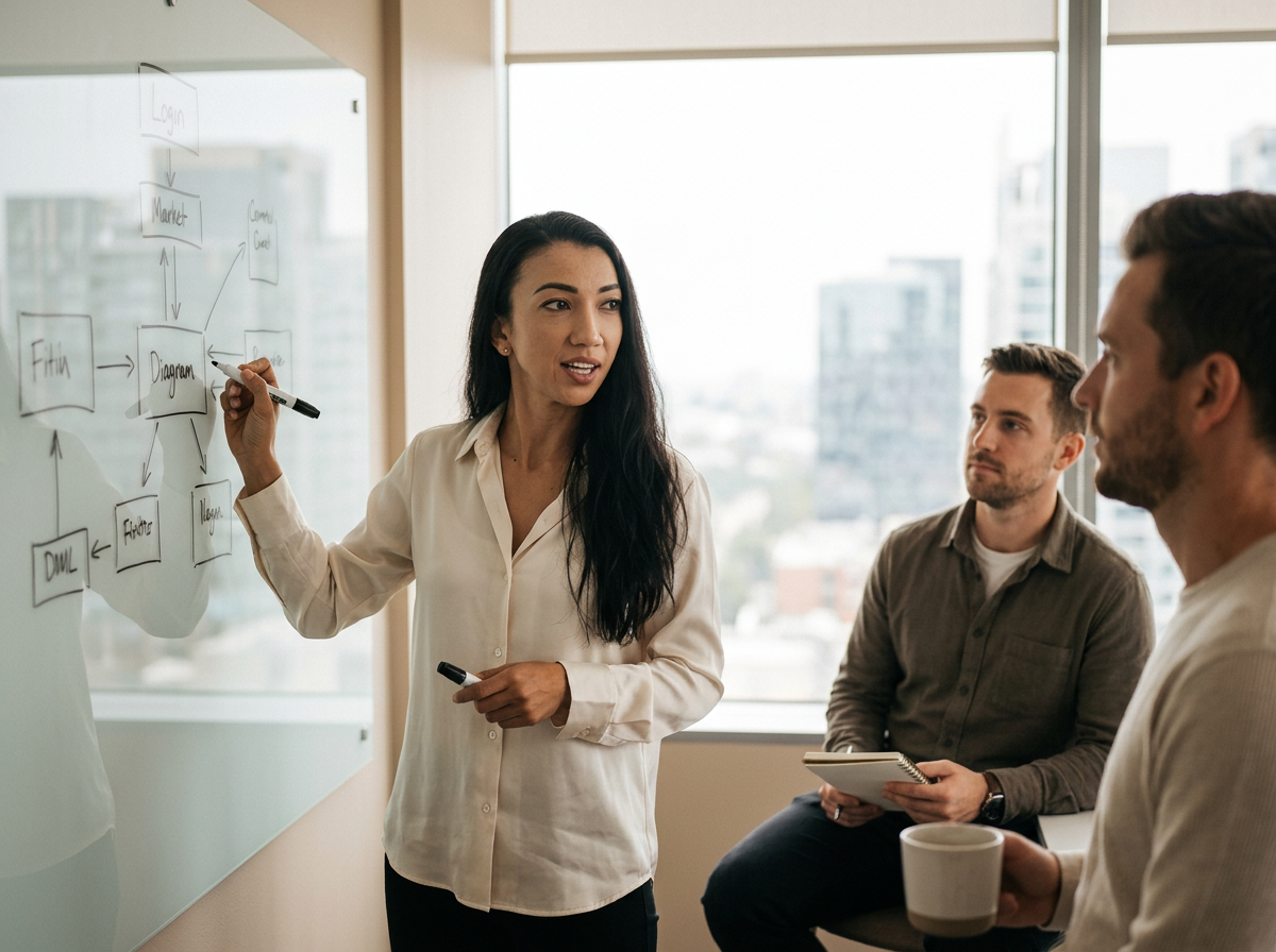 Anastasia Tavare mapping a business system on a glass whiteboard with two founders